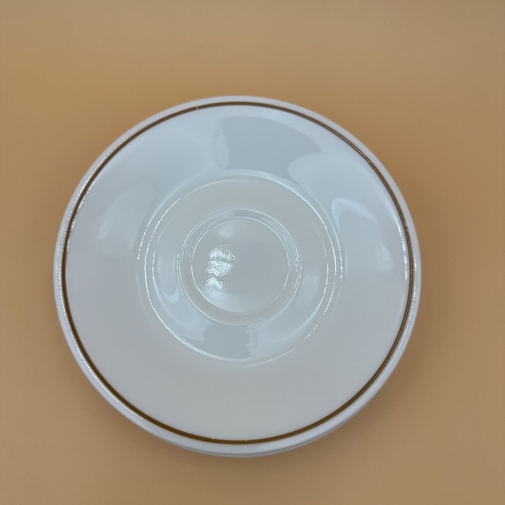 Corelle Saucers Set of 7 White Gold Rim Vitrelle Glass 6.25" Plates EUC